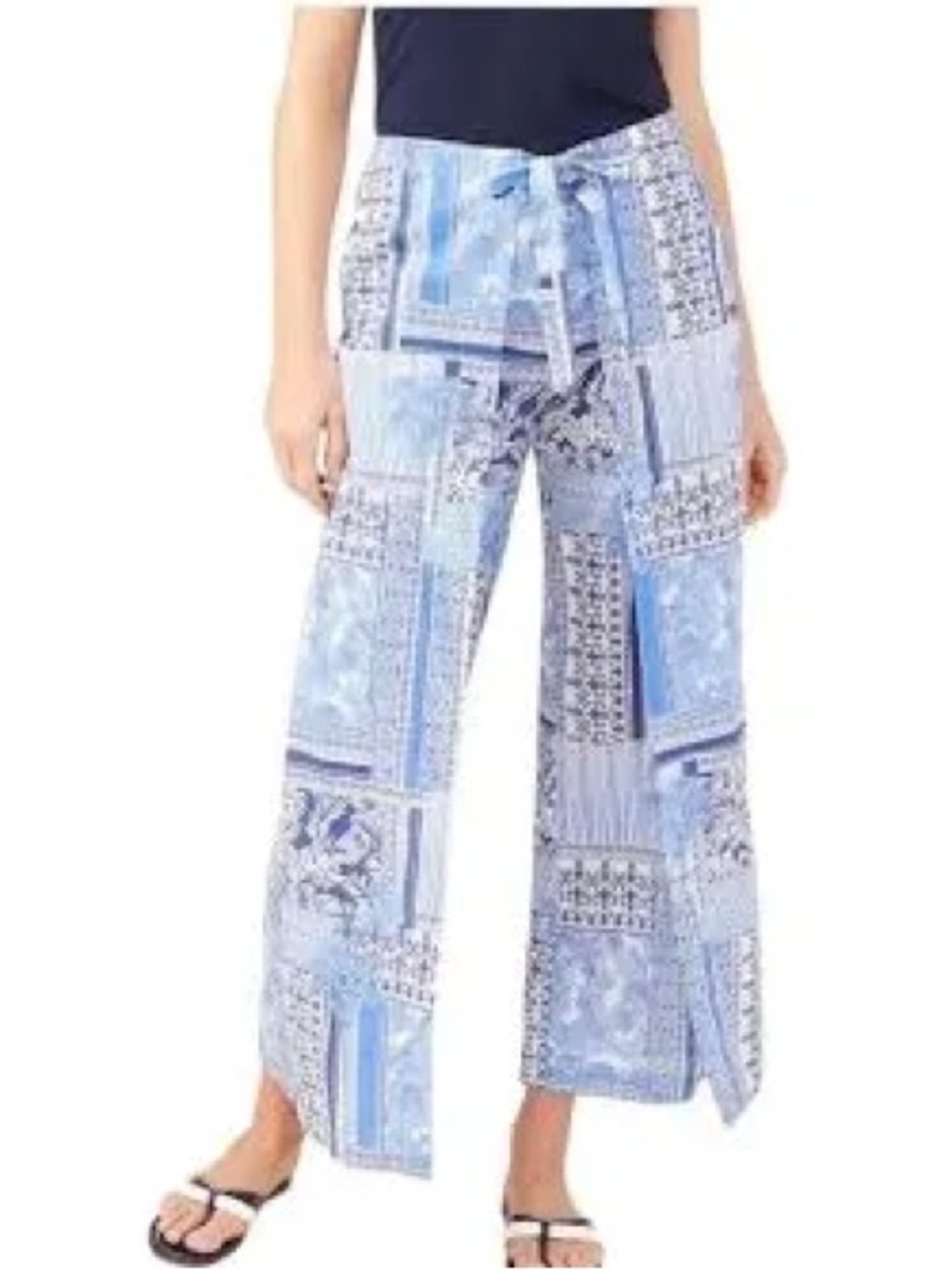 J. McLaughlin Eugene Wideleg Pant White Blue Palm Park Small